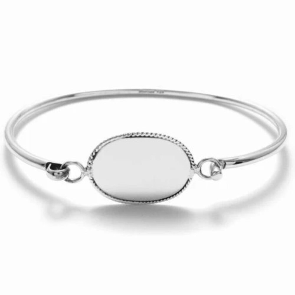 MODERN STERLING SILVER 7" BANGLE BRACELET WITH ENGRAVABLE BEADED EDGE OVAL PLATE